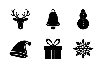 Black Silhouette Christmas Icons Set – Reindeer, Bell, Snowman, Santa Hat, Gift Box, Snowflake Vector
