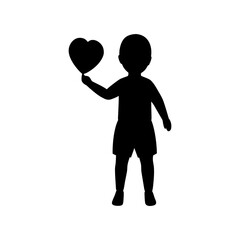 Silhouette vector art of a child with a heart symbol, minimal clean black solid shape, white background, stock illustration