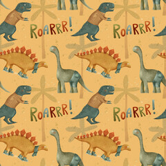 Enjoy a fun and vibrant dinosaur pattern featuring playful roaring dinosaurs throughout