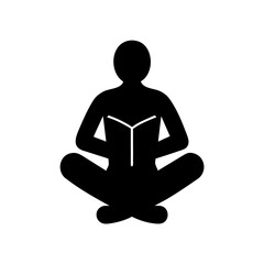 Silhouette vector art of a person sitting cross-legged and reading a book for relaxation, minimal clean black solid shape, white background, stock illustration