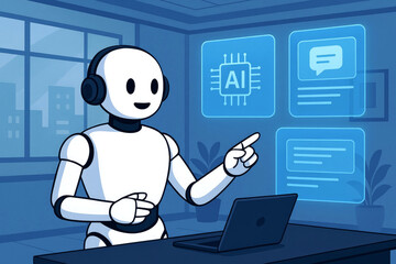 Cartoon robot with headphones interacting with AI and chat icons artificial intelligence character