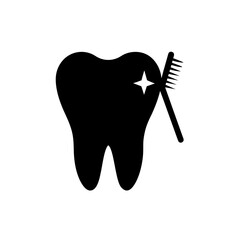 Silhouette vector art of a tooth with a toothbrush, clean minimal black solid shape, white background, stock vector illustration
