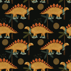 A vibrant and colorful Stegosaurus dinosaur pattern set against a dark background design