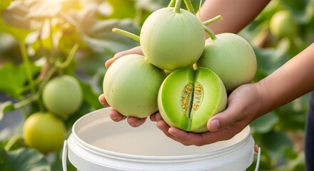 Hands holding several round, green melons, one cut open to reveal its juicy interior, above a white bucket in a sunlit melon patch, highlighting the freshness, organic quality, and natural beauty of t