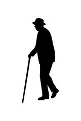 Silhouette vector art of an elderly person with walking stick, minimal clean black solid shape, white background, stock market vector