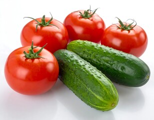 Fresh tomatoes and cucumbers on a white background