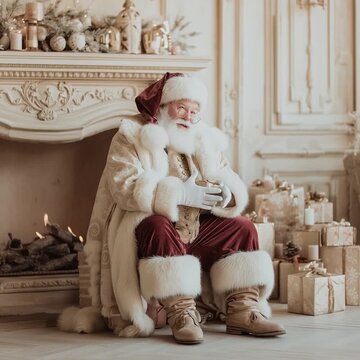 santa claus sitting near a cozy fireplace with small gifts, warm beige and gold tones