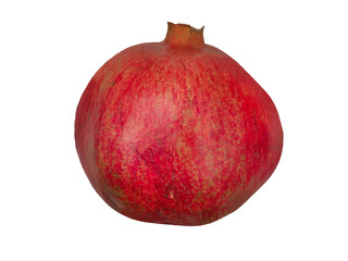 Bright red pomegranate with textured skin on a white background, showcasing its smooth shape and vibrant color