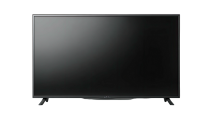 A sleek, modern television set displays a dark screen against a black background