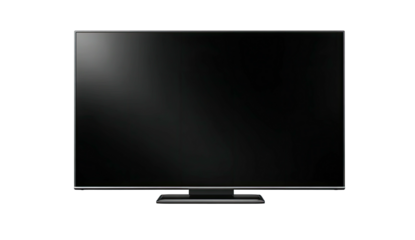 A large, rectangular, black screen television with a sleek design, isolated on a black background