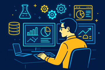 Data Analyst Working on Computer with Charts and Graphs and Scientific Icons 