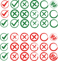Collection of hand drawn checkmarks and crosses in circles for approval and rejection decisions