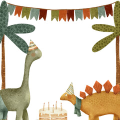 A vibrant and colorful illustration showcasing a delightful Dinosaur Birthday Party theme