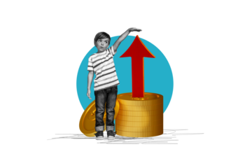Composite photo collage of small child boy show arrow development coin income money investment success isolated on painted background