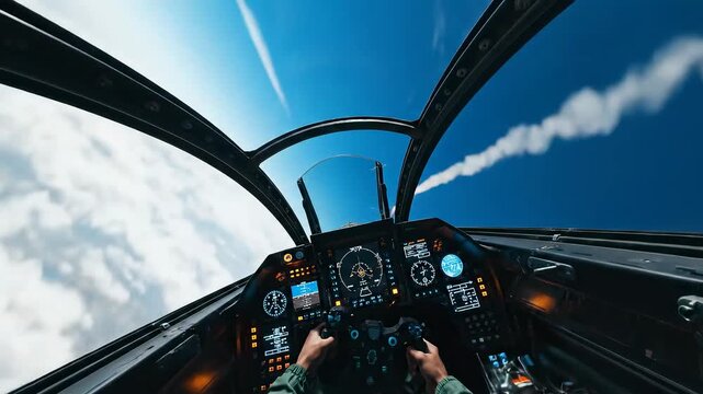 Airplane cockpit view of a pilot flying high in the sky
