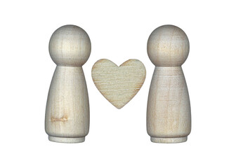 Wooden figures representing love and connection with a heart icon between them in a minimalist style