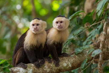 Obraz premium Two capuchin monkeys sit sidebyside on a tree branch in a forest setting