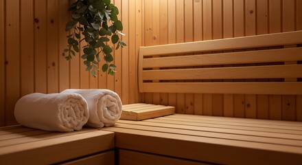 Warm Wooden Sauna Interior with Rolled Towels and Green Plant