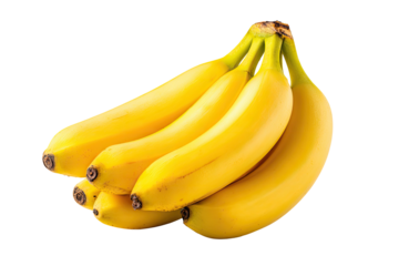 A bunch of bright yellow ripe bananas, freshly harvested, set against a black background