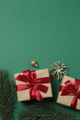 Festive scene with wrapped gifts, candies and decorations, sometimes on a green background,...