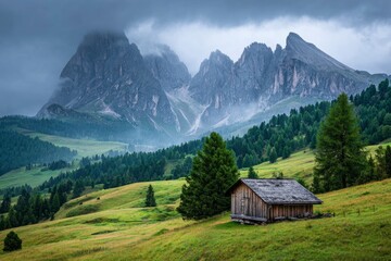 Obraz premium A wooden cabin nestles on a green hillside framed by jagged mountains under a stormy sky