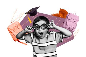 Composite collage image of funny boy geek amazed education studying school day shopping freak...