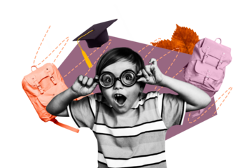 Composite collage image of funny boy geek amazed education studying school day shopping freak bizarre unusual fantasy billboard