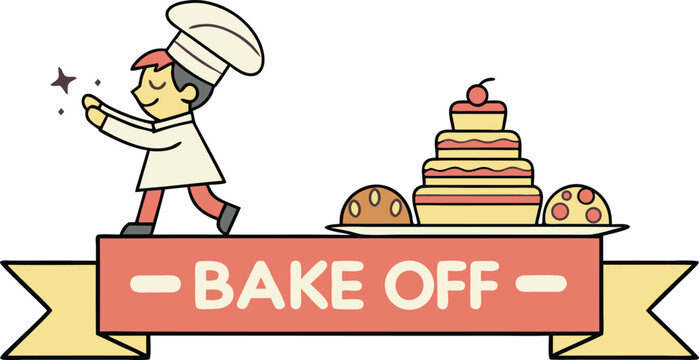 Delightful bake off banner with a happy baker and tempting treats, perfect for promoting baking competitions and culinary events with festive charm - Powered by Adobe