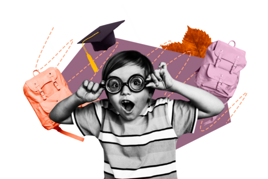 Composite collage image of funny boy geek amazed education studying school day shopping freak bizarre unusual fantasy billboard - Powered by Adobe