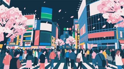 Illustration Of Shibuya Crossing Bustling With Pedestrians With Neon Signs Lit Up And Cherry Blossom Trees In Bloom Vector Design Template © BedRoses