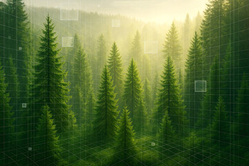Digital Grid Overlay on Misty Forest Landscape with Sunbeams nature technology