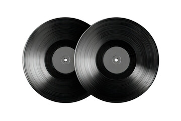 Two glossy black records with circular labels, on a black background. Classic analog music concept