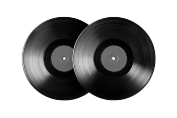 Two glossy black records with circular labels, on a black background. Classic analog music concept