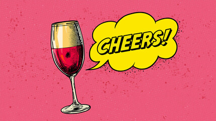 Cheers Text with Wine Glass on Pink Background in Retro Pop Art Comic Style Illustration.