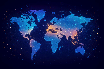 Naklejka premium Digital World Map with Glowing Network Connections and Data Points on Dark Blue Background global