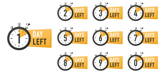 Days left icon. Offer countdown date number. Abstract banner with Stopwatch. 0, 1, 2, 3, 4, 5, 6, 7, 8, 9 days left icon. Countdown Day. Promotion sale offer deal time. Vector illustration