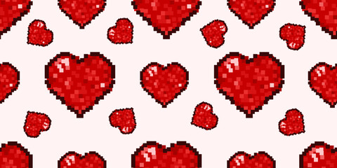 Pixel Art seamless pattern. Vector illustration of trendy Pixel Art red Heart seamless background. Perfect love Pixel art Wrapping Paper for Valentines Day present.  EPS 10
