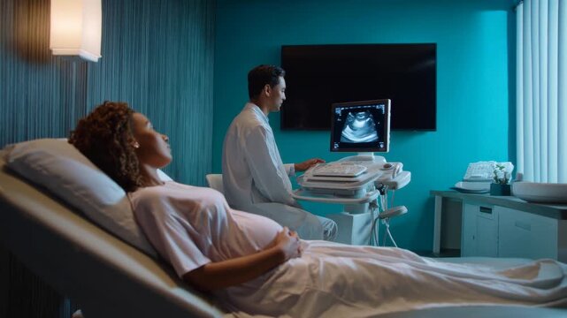 Doctor performing an ultrasound scan on a pregnant woman in a modern clinic. Concept for pregnancy, maternity, and medical diagnostics.
