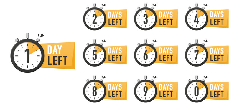 Days left icon. Offer countdown date number. Abstract banner with Stopwatch. 0, 1, 2, 3, 4, 5, 6, 7, 8, 9 days left icon. Countdown Day. Promotion sale offer deal time. Vector illustration