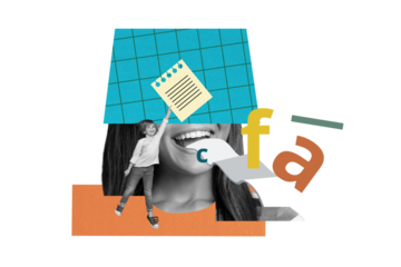 Collage small little boy schoolkid hold contract paper sheet note education letters school woman face fragment checkered background