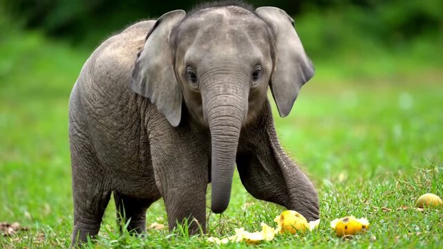 A playful baby elephant explores a lush green field, happily munching on slices of fruit. The sun shines brightly over this joyful moment in nature.