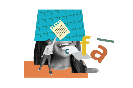 Collage small little boy schoolkid hold contract paper sheet note education letters school woman face fragment checkered background