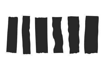 A collection of six black strips of tape with torn edges arranged vertically on a white backdrop