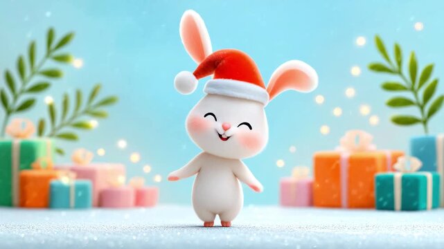 Cute cartoon hare in Santa hat dances and wishes Merry Christmas and Happy New Year among Christmas gifts. Charming funny cheerful bunny sings song against backdrop of colorful gift boxes and snowfall