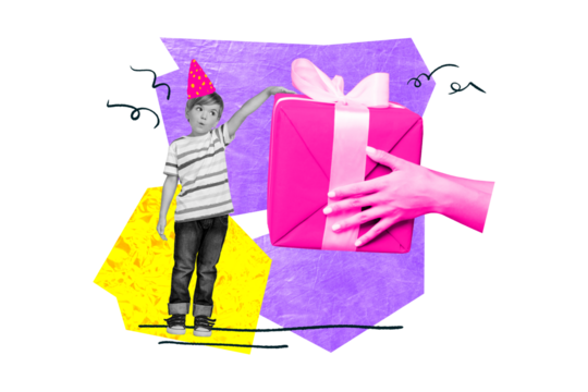 Composite photo collage of cute small birthday boy receive present invitation occasion celebration party isolated on painted background