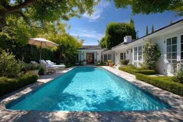 Fototapeta premium Rectangular pool lined with stone beside a white house and a lounge area beneath tree shade