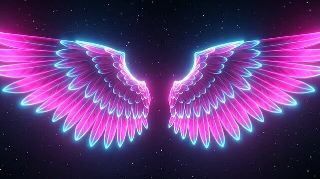 Vibrant neon angel wings glow against dark futuristic backdrop, divine energy concept.
