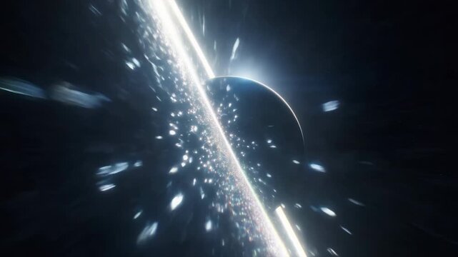 The camera orbits Saturn, focusing on its breathtaking ring system composed of billions of ice particles. Light from the distant Sun refracts through the rings, scattering subtle rainbows of color.