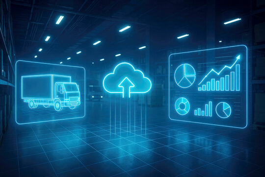 Futuristic blue holographic interface displaying logistics and data analytics in a warehouse technology