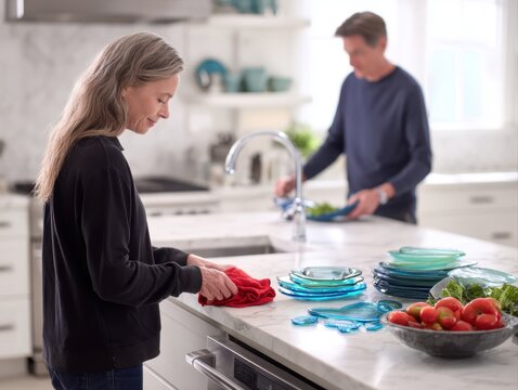 A middle-aged couple joyfully collaborates, washing and drying dishes together in their modern, well-equipped kitchen - Powered by Adobe